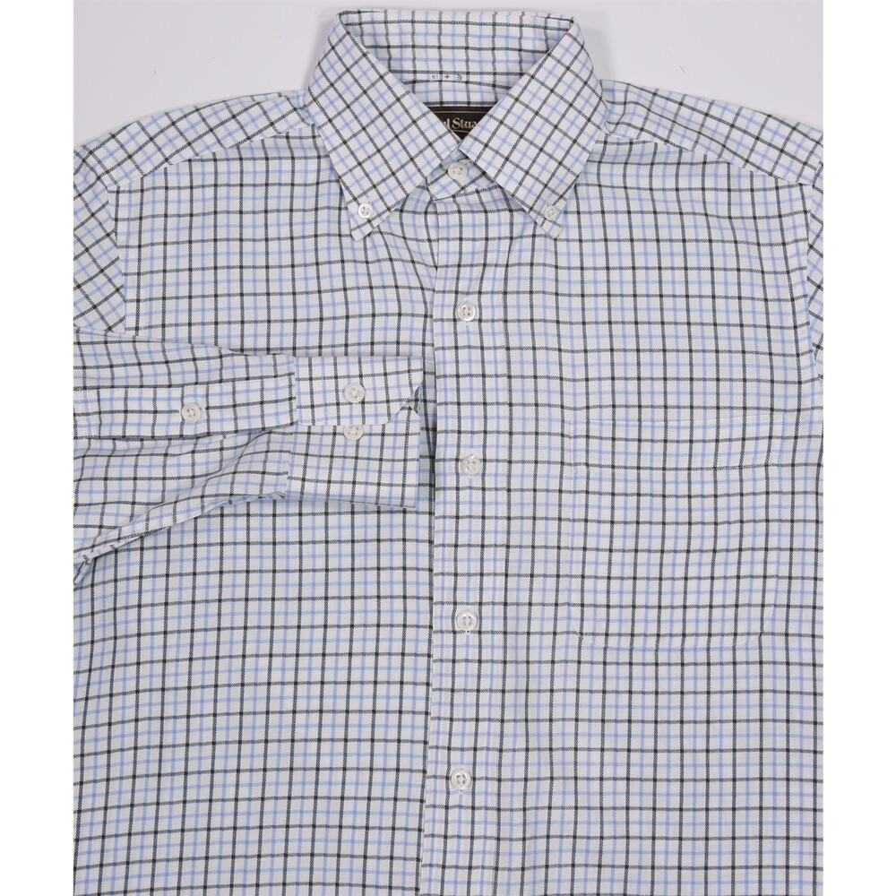 Paul Stuart White Blue Green Check Cotton Button-Up Dress Shirt Mens Small